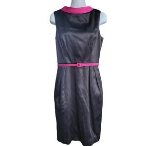 Maggy London Size 8 Black Hot Pink Belted Collared Backless Dress Bow Belt